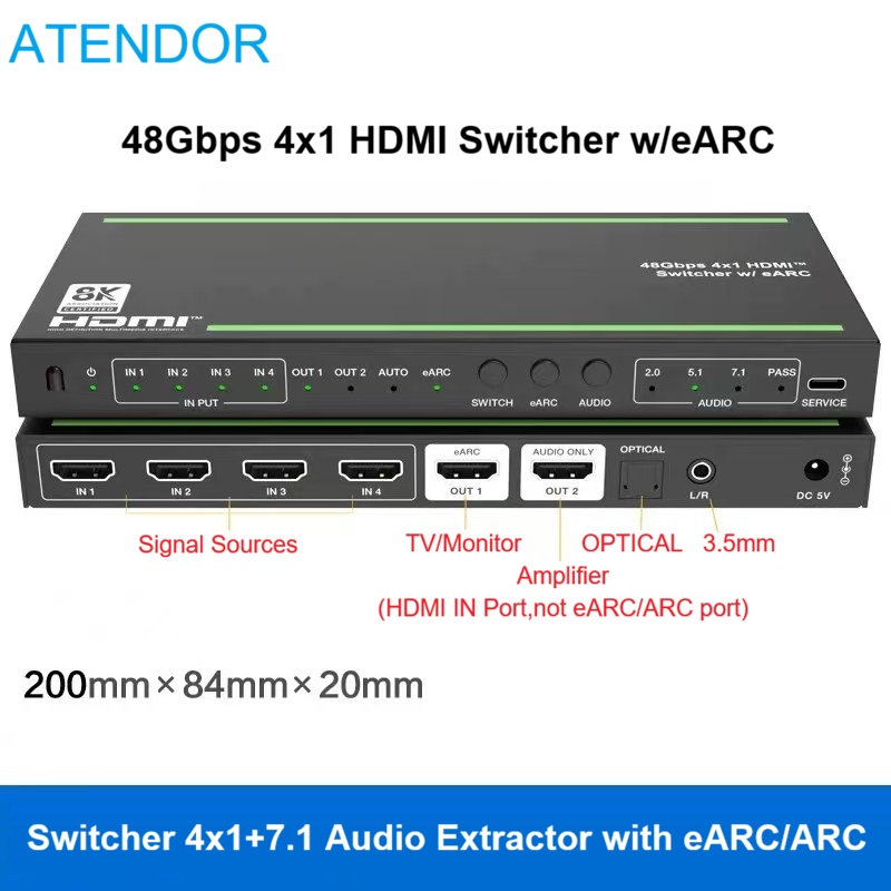 Hdmi Audio Extractor Earc 7.1 - محول HDMI2.1 4x1 مع مستخرج صوت