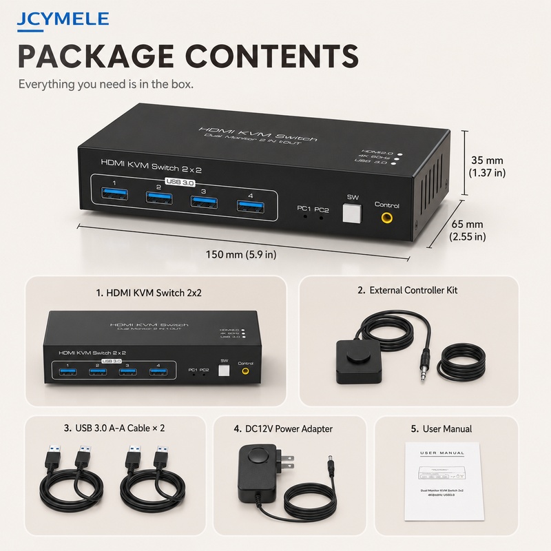 Hdmi Kvm Switch 4 Port Dual Monitor - محول HDMI KVM لجهازي كمبيوتر وشاشتين