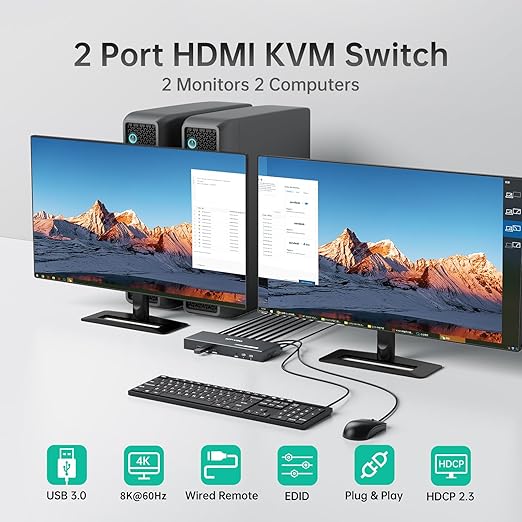 محول HDMI KVM بدقة 8K وتردد 60 - مراجعة Hdmi Kvm Switch 4 Port Dual Monitor وسعره