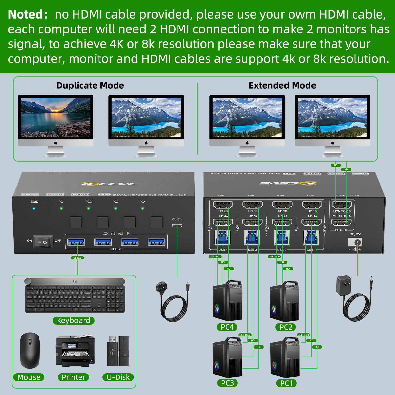KCEVE 8K KVM Switch HDMI 4 Por - مراجعة Hdmi Kvm Switch 4 Port Dual Monitor وسعره