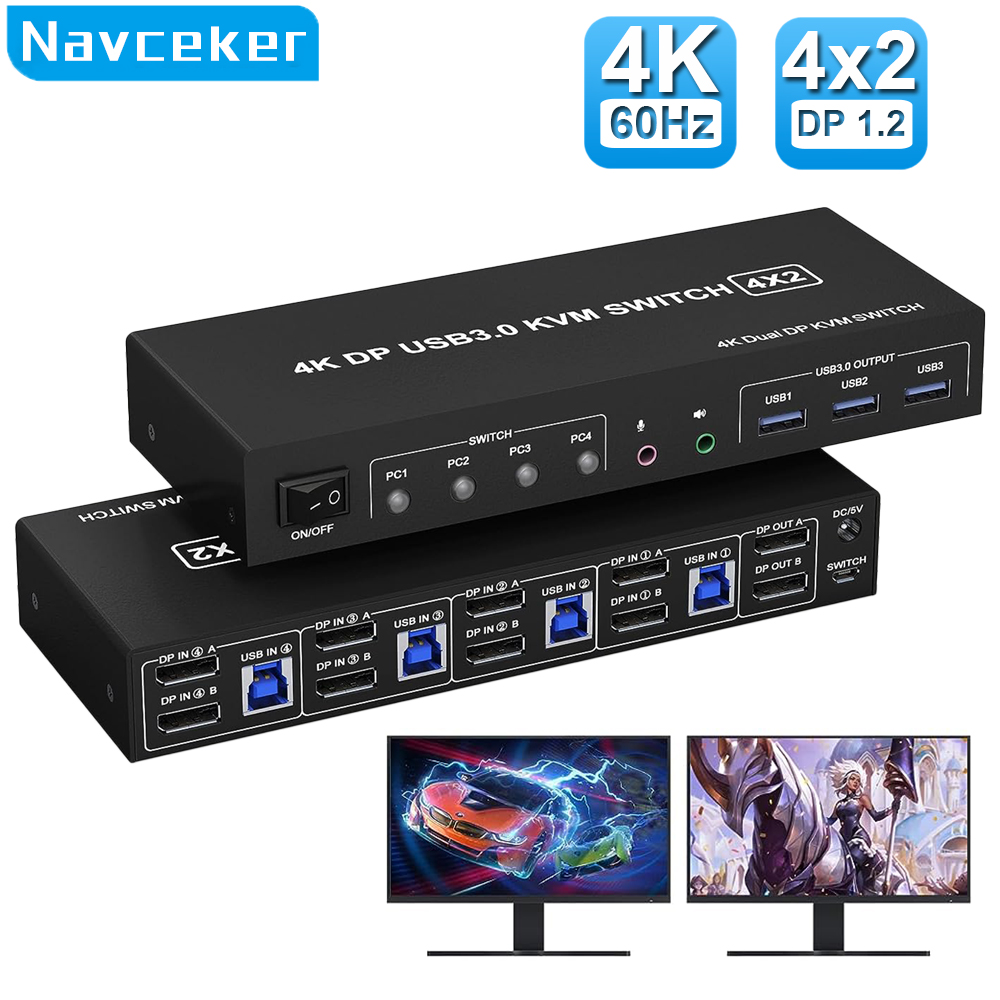 Navceker KVM Switch 4 PC 2 شاش - مراجعة Hdmi Kvm Switch 4 Port Dual Monitor وسعره