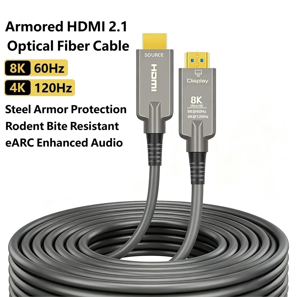 كابل HDMI 2.1 مدرع طويل بطول 5 - مراجعة Hdmi Fiber Optic Cable 50M 100M وسعره